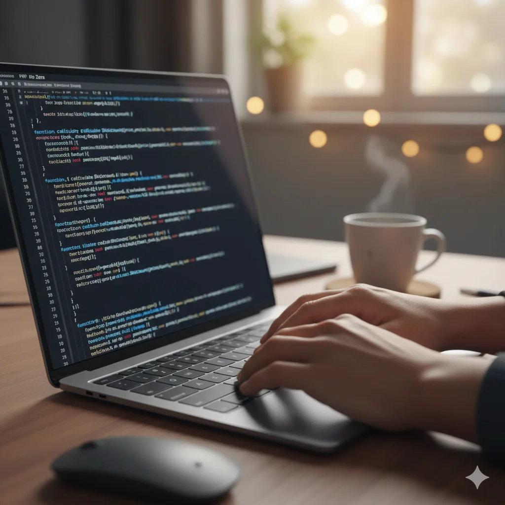 Mãos digitando código em um notebook ao lado de uma xícara de café