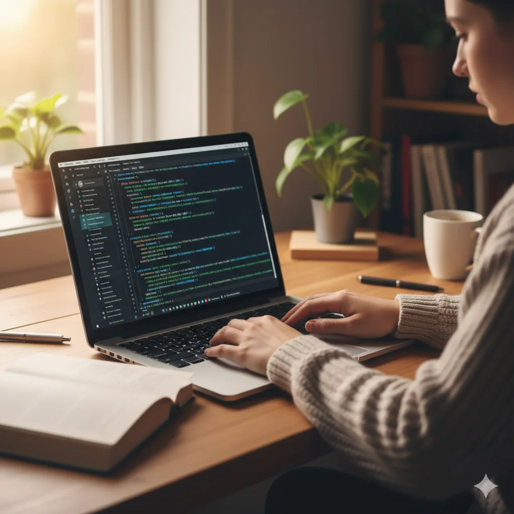 Pessoa estudando programação em um notebook, com um livro aberto ao lado