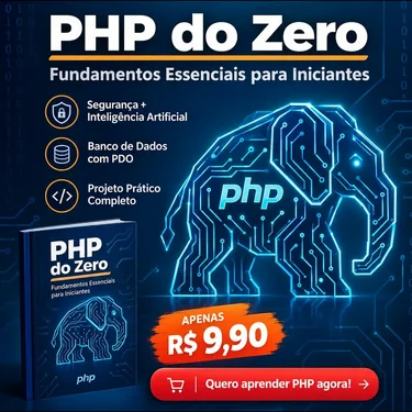 Capa do eBook PHP do Zero: Fundamentos Essenciais para Iniciantes, com um elefante PHP em estilo circuito